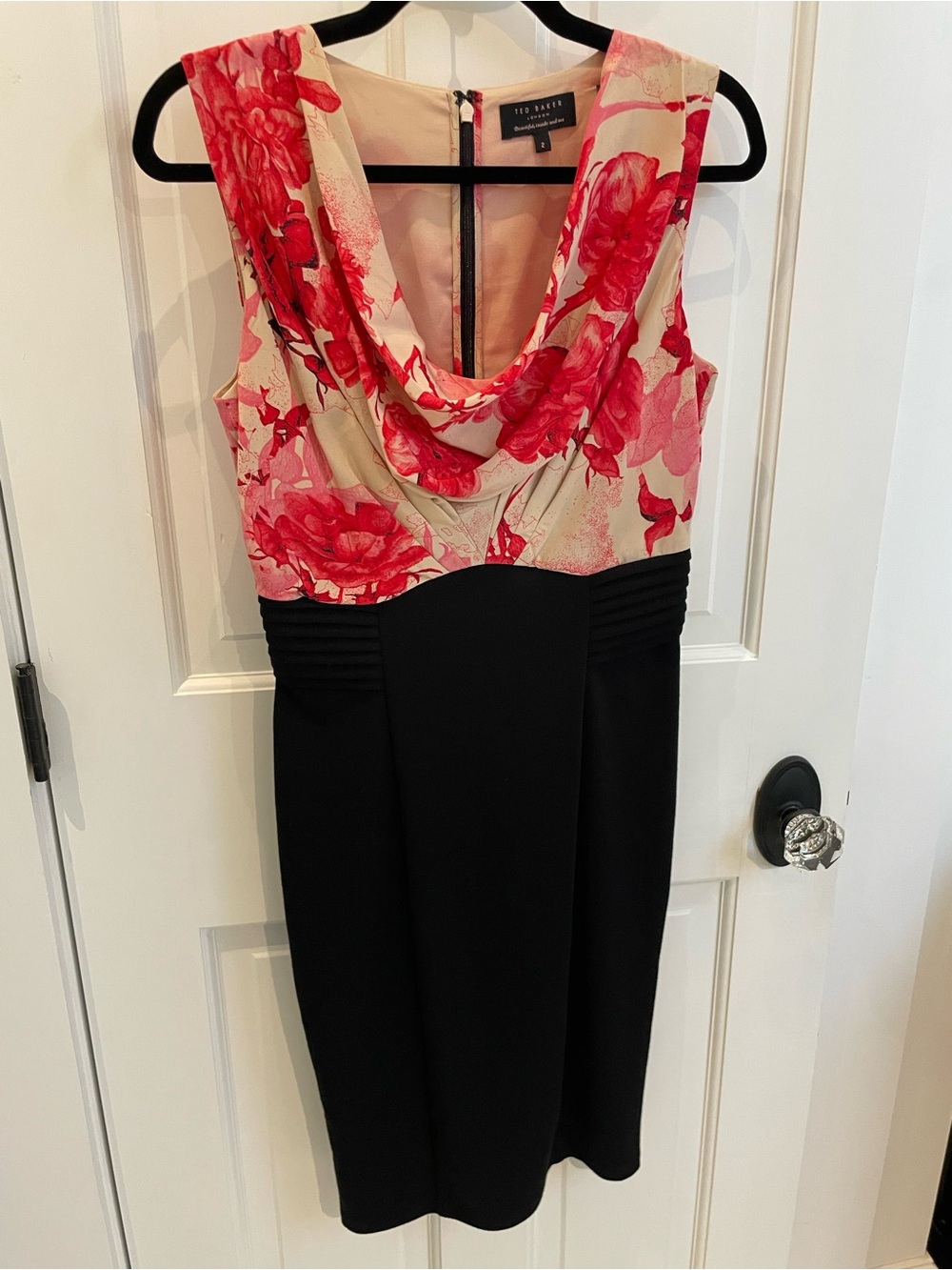 Ted Baker Black Dress with Pink Floral Cowl Neck